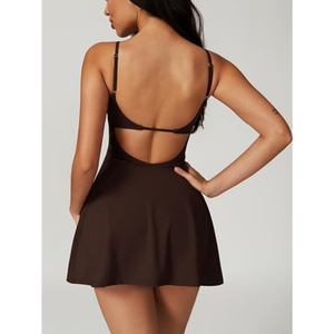 Robe de tennis moulante à col carré pour femme, marron uni, sans manches, vêtements de sport d'été, évacuation de l'humidité, 100% polyester - Product Image 6