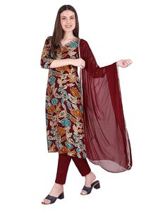 Conjunto de traje Patiala SAZU con estampado floral color granate para mujer, con kurta, pantalón y dupatta en algodón y rayón para uso diario, con bordado en el cuello. - Product Image 5