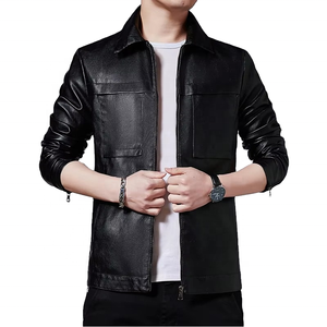 Chaqueta de Cuero PU Negra para Hombre, Estilo Motero, Cuello Camisero, Cierre de Cremallera, Corte Ajustado, para Otoño - Product Image 1