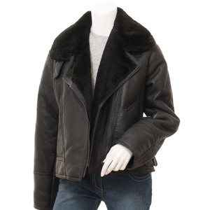 Women's <b>Genuine</b> Leather Shearling Moto Jacket With Fur Collar Zipper Closure Winter Outerwear - Product Image 2
