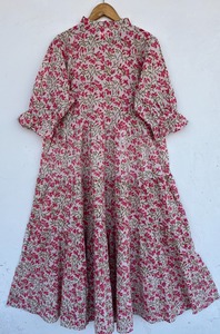 Women Pink Floral Cotton Maxi Dress Balloon Sleeve Ruffle Collar Button Front Flared Tiered <b>Summer</b> Dress Private Label Clothing - Product Image 5