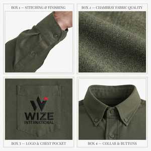 Chemise habillée à manches longues pour homme WIZE INTERNATIONAL, vert olive, col boutonné, couleur unie, style décontracté élégant, respirante, 100% coton - Product Image 5