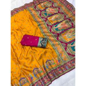 Sari Darbari traditionnel en soie viscose pure couleur moutarde, imprimé, avec châle ethnique - Product Image 2