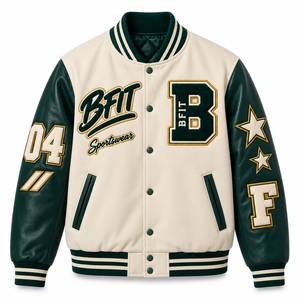 Chaqueta Varsity Verde Crema para Hombre BFIT, con Parches de Letras, Botones a Presión de Chenilla, Estilo Vintage, para Invierno - Product Image 1