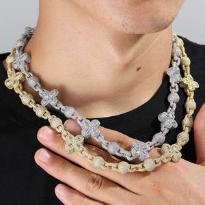 925 Silver Lab Grown Diamond Floral Flower Link Chain with Four Leaf Flower Motif Luxury <b>Statement</b> <b>Necklace</b> - Product Image 1