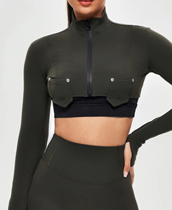 Women's Olive Green Full Sleeve Crop <b>Top</b> Pullover Closure Black Sports Bra <b>Layered</b> Look Regular Fit Solid Color Printed All - Product Image 5
