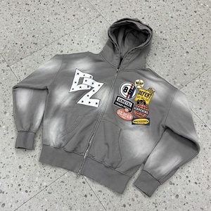 <b>Drop</b> Shoulder Heavy Weight Solid Pattern Crocheted Boxy <b>Acid</b> Wash Streetwear Hoodie Full Zip Printed Unisex Winter - Product Image 3