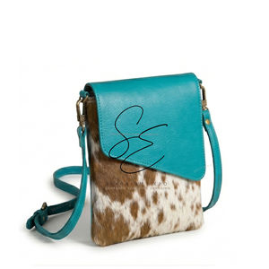 Sac bandoulière en cuir de vachette turquoise avec poils, petit sac à bandoulière pour usage quotidien, homme et femme - Product Image 1