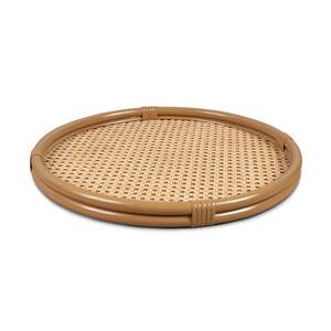 Plateau rond de luxe en rotin avec insert en cannage, plateau de service en osier avec double anneau de support pour présentation hôtelière - Product Image 1