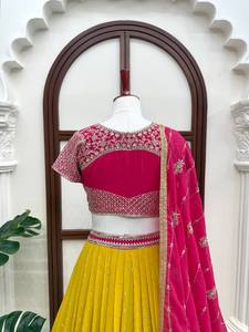 <b>Pink</b> Gold Sequin Georgette Lehenga Choli Semi Stitched <b>Wedding</b> Outfit Net Dupatta Traditional Women <b>Dress</b> - Product Image 4