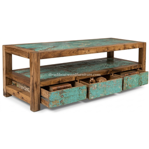 Meuble TV en bois de bateau recyclé durable, 3 tiroirs, nouveau style, modèle moderne, fait main, écologique, support TV en bois recyclé - Product Image 3