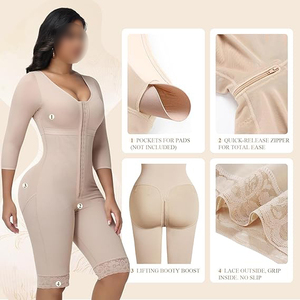 Combinaison gainante beige à col en V profond, manches trois quarts, longueur genou, grande taille, avec dentelle - Product Image 3
