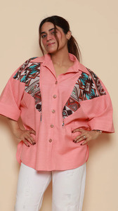 Camisa de Popelina Rosa 100% Algodón para Mujer, con Botones, Estampado Geométrico, Manga Media, Corte Holgado, Estilo Casual para Primavera/Verano - Product Image 4