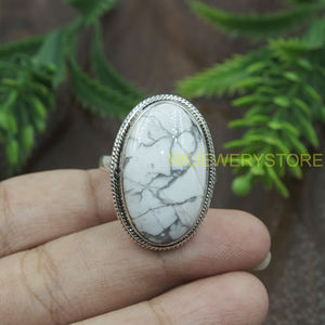 Natural White Howlite Gemstone <b>Ring</b> 925 Sterling Silver Handmade Oval Cabochon Stone <b>Statement</b> Jewelry Boho Vintage Style Women - Product Image 6