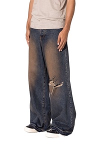 Jean en denim 100% Coton pour homme, taille mi-haute, coupe ample, style streetwear décontracté vintage, jambe large, effet vieilli rouille, tendance et personnalisé - Product Image 2