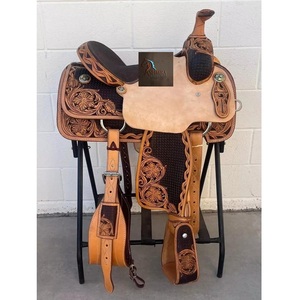 Silla de montar western de cuero marrón oscuro para carreras de barriles, con diseño floral y de ondas, conchas de diseño hechas a mano, asiento rígido acolchado 10"-18" - Product Image 1