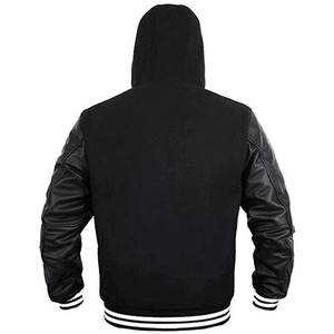 Veste universitaire noire à capuche personnalisée en gros, style Letterman, bomber de baseball, manches en cuir PU, imperméable, coupe-vent, unisexe - Product Image 2