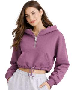 Sudadera con capucha corta de forro polar rosa malva con cremallera de un cuarto, bolsillo canguro, dobladillo con cordón ajustable, estilo casual urbano, cálida, para mujer - Product Image 1