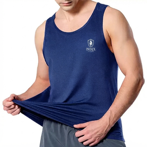 Index Apparel Men's <b>Navy</b> Blue Breathable Fitted Tank <b>Top</b> O-Neck Casual Sports Wear Embroidered Logo Front - Product Image 1