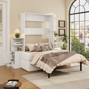 Queen Size White Wall Murphy <b>Bed</b> <b>with</b> <b>Sofa</b> and <b>Storage</b> Cabinets Space-Saving Home Office and Guest Room Furniture - Product Image 2