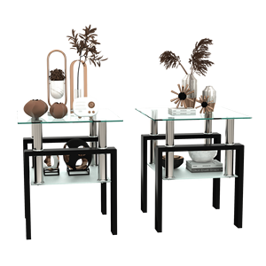 Set Moderno di 2 Tavolini da Caffè in Vetro Temperato, Tavolino Quadrato per Soggiorno, Trasparente/Nero - Product Image 1