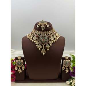 Indian Ethnic Vinita Premium Moissanite Choker Set-Gold Plated Bridal Fine Jewelry with Zircon Earrings - Product Image 1