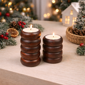Juego de Portavelas de Madera Artesanal con Diseño Acanalado – Uso Doméstico y Decorativo, Ideal para Fiestas Navideñas, Decoración de Invierno - Product Image 2