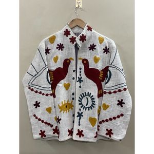 Hand Embroidered Cotton SUZANI TNT <b>Jacket</b> Women <b>Mandarin</b> <b>Collar</b> Full Sleeve Geometric Bird Pattern Eco-Friendly Prairie Chic - Product Image 6