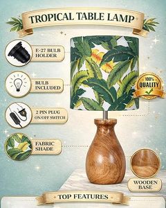 Tropical <b>Leaf</b> Print Coastal Design Wooden Base Tabletop Lamp Decorative <b>Lighting</b> for Housewarming Living Room Bedroom - Product Image 2