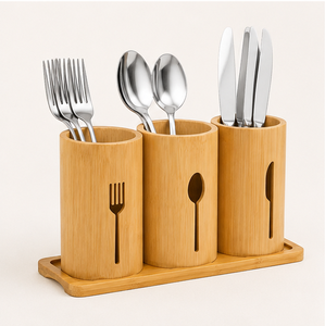 Modern Eco-Friendly 3-Compartment Bamboo Utensil <b>Caddy</b> For Countertop Sustainable Wood Silverware Holder And Flatware Organizer - Product Image 3