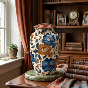 Floral Ceramic Urn <b>Vase</b> Tabletop <b>Memorial</b> Flower Vessel for Home Office Decor - Product Image 1
