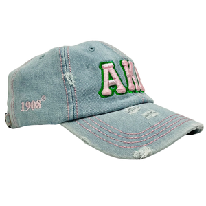 AKA <b>Light</b> Denim Distressed <b>Hat</b> Pink Embroidered Letter Washed Blue Denim Baseball Cap Adjustable Cotton Headwear Casual Fashion - Product Image 2