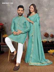 Colección Premium de Seda con Tejido a Cuadros y Borde Jacquard, Kurta de Manga Larga y Saree, Conjunto para Pareja, Exportador Indio - Product Image 4