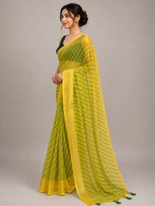 Sari en soie rayé jaune et vert pour femmes, tenue traditionnelle indienne, décontracté, longueur au sol, coupe classique, toutes saisons, Bengale occidental - Product Image 3