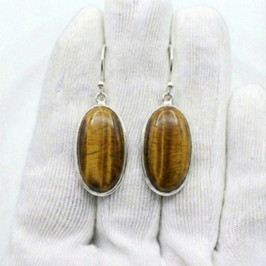Pendientes de Plata de Ley 925 Hechos a Mano con Ojo de Tigre, Engaste de Bisel, Pendientes Colgantes Ovalados con Piedra Preciosa - Product Image 2