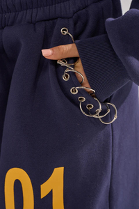 <b>Women's</b> <b>Navy</b> <b>Blue</b> Cropped Hoodie Jogger Set Full Sleeve Printed Letter Design Loose Fit 2-Piece Sweatshirt Pants All Seasons - Product Image 4
