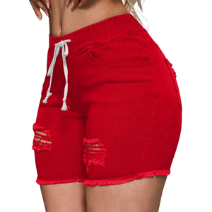 Womens Casual Red Denim Shorts <b>Elastic</b> High <b>Waist</b> Drawstring Ripped Distressed Raw Hem Short Streetwear Fashion Everyday <b>Jeans</b> - Product Image 5