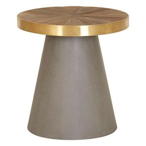 <b>Round</b> Sunburst Wood <b>Side</b> <b>Table</b> with Conical Concrete Base Circular End <b>Table</b> with <b>Gold</b> Trim Rim Modern Industrial Accent - Product Image 3