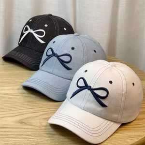 White Cotton Baseball Cap With <b>Navy</b> Bow Embroidery Adjustable For Women Spring Summer Fashion Casual <b>Hat</b> - Product Image 4