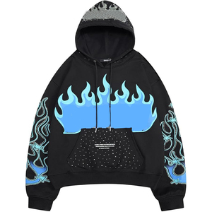 Black Oversized Hooded Sweatshirt <b>Men</b> Blue Flame Print Streetwear Autumn Wear Regular Fit Knitted Polyester - Product Image 1