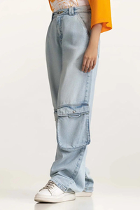 Pantalon cargo en denim bleu clair à taille haute pour femme, coupe ample, longueur intégrale, avec grandes poches, style décontracté, à porter au printemps - Product Image 2