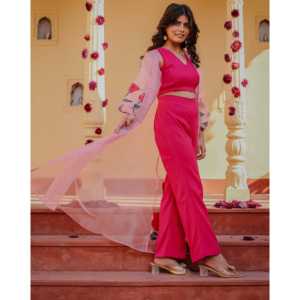 ชุดมิชิกะ XS สีชมพูโรส ลายเพ้นท์มือ 3 ชิ้น ผ้าชีฟอง แบบเสื้อท่อนบน - Product Image 3