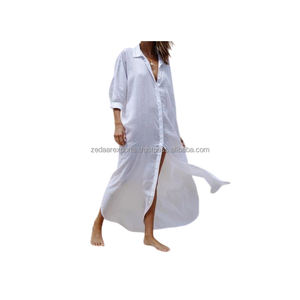 Vestido camisero de lino ligero para mujer, informal, de manga larga, para vacaciones de verano, ropa informal con abertura lateral, ropa informal sólida Natural - Product Image 4