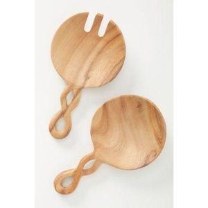 Juego de 2 pinzas para ensalada de madera de acacia ecológicas, hechas a mano, con mango blanco de lujo, para mezclar y servir pasta. - Product Image 5