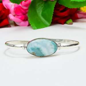 Larimar Gemstone Bangle Natural Stone 925 Sterling <b>Silver</b> Jewelry Handmade Statement Cuff Christmas Gift - Product Image 1