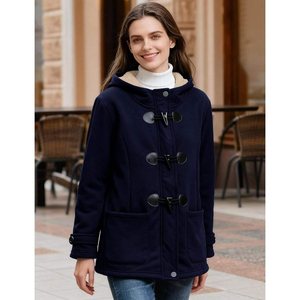 Navy Blue Hooded <b>Fleece</b> <b>Jacket</b> <b>With</b> Sherpa <b>Lining</b> Zipper Closure Windproof Winter Coat Casual Style Regular Fit - Product Image 3