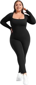 Best Women Seamless Ribbed Full Length <b>Bodysuit</b> <b>Square</b> <b>Neck</b> High Waist Plus Size Activewear Set Black Long Sleeve Stretchy Fit - Product Image 2
