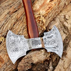 Hacha de doble cabeza de acero de Damasco forjado a mano con mango de madera de palisandro y funda de cuero, calidad industrial, hacha personalizada OEM - Product Image 6