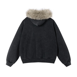 Wholesale Custom Oversized Distressed Faux Fur <b>Hood</b> Solid Heavyweight Cotton <b>Zip</b> Hoodie Boxy Style Custom logo for Men - Product Image 4
