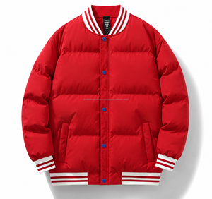 Red <b>Men's</b> Eco-Friendly Puffer <b>Jacket</b> <b>White</b> Stripes Hooded Windproof Worsted Fabric Winter Casual Standard Fit - Product Image 1